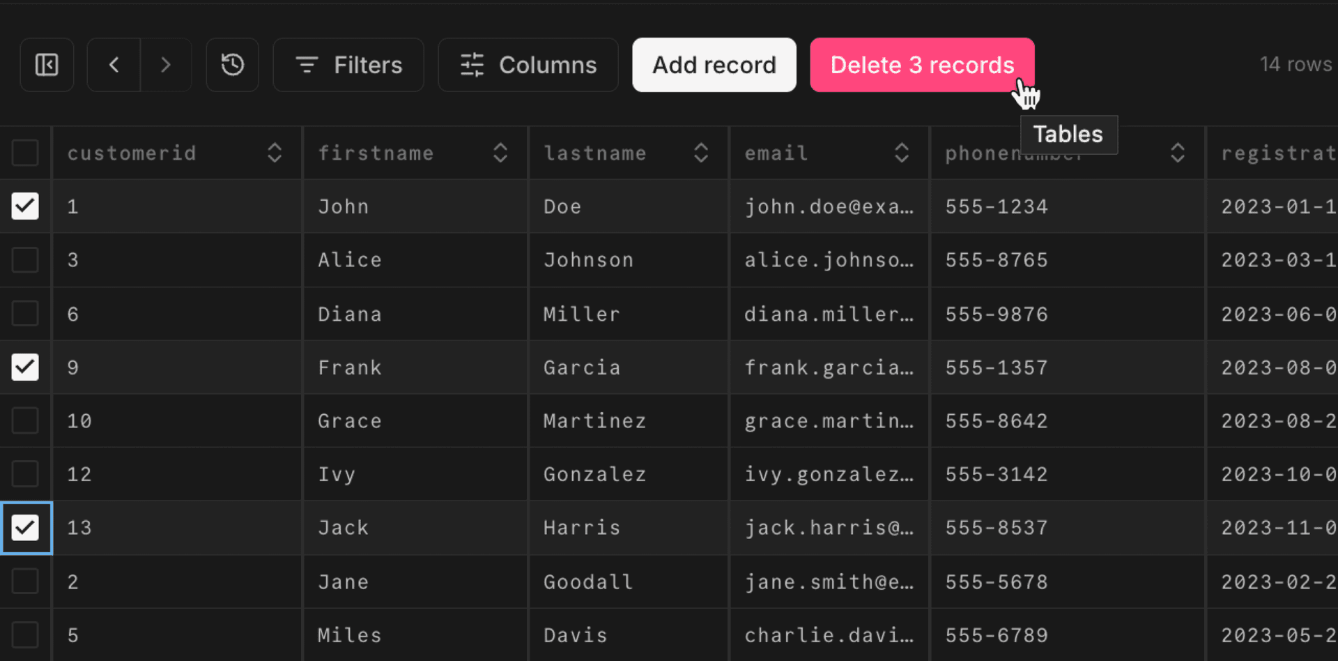 delete record from table